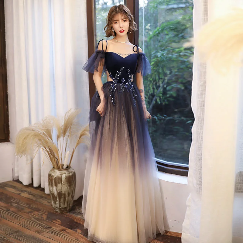 flutter sleeve prom dressesBlue tulle velvet long prom dress  8195