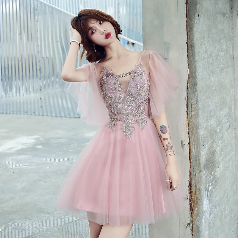 mid-length prom dressesPink v neck tulle short prom dress  8222