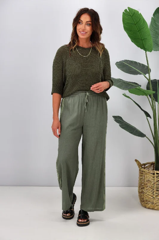 women's yoga pantsJane James Renee Linen Look Pant With Satin Stripe Sage Preorder Late January