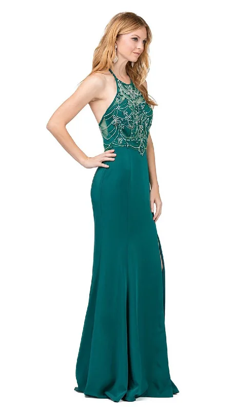 maxi dresses with adjustable strapsDancing Queen - 2200SC Jewel-Ornate Illusion Halter Long Dress