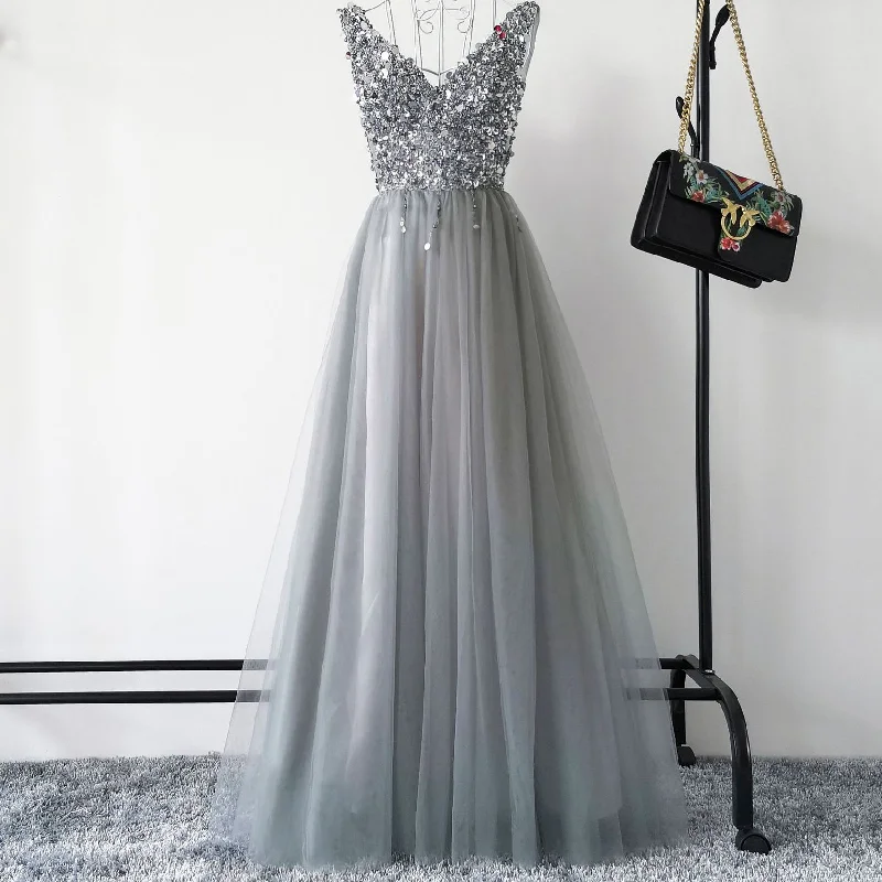 plus-size prom dressesGray v neck tulle beads long prom dress  8172