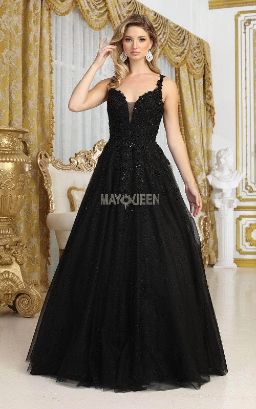 maxi dresses with built-in brasMay Queen MQ2051 - Embellished Applique Long Dress