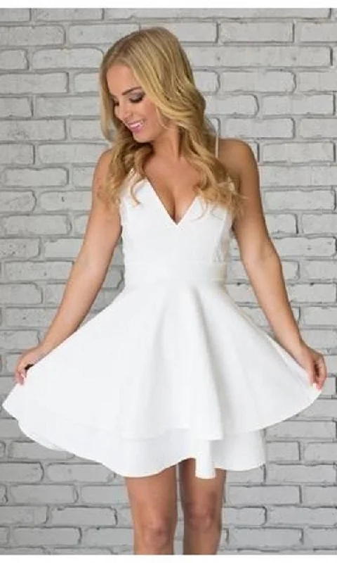 long party dressesKnee Length Spaghetti Straps White Homecoming Dress