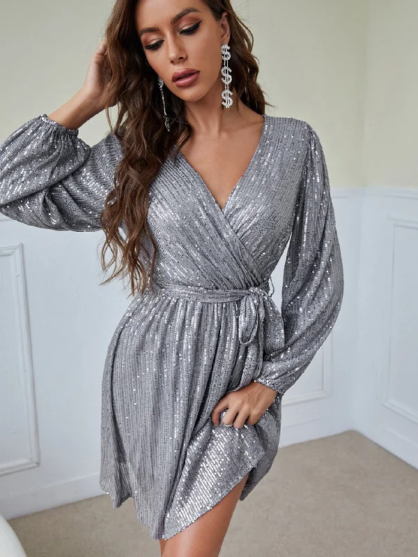 Feminine Long Sleeves DressKittenAlarm - Long sleeve sequined short V-neck dress