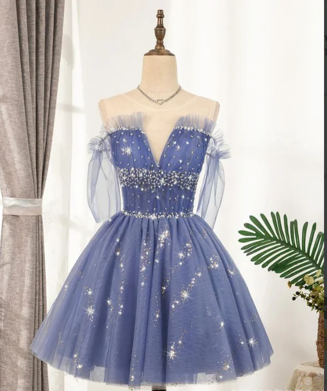 silk party dressesSparkly Blue Homecoming Dresses 2022 Ruffled Hoco Dress M5909