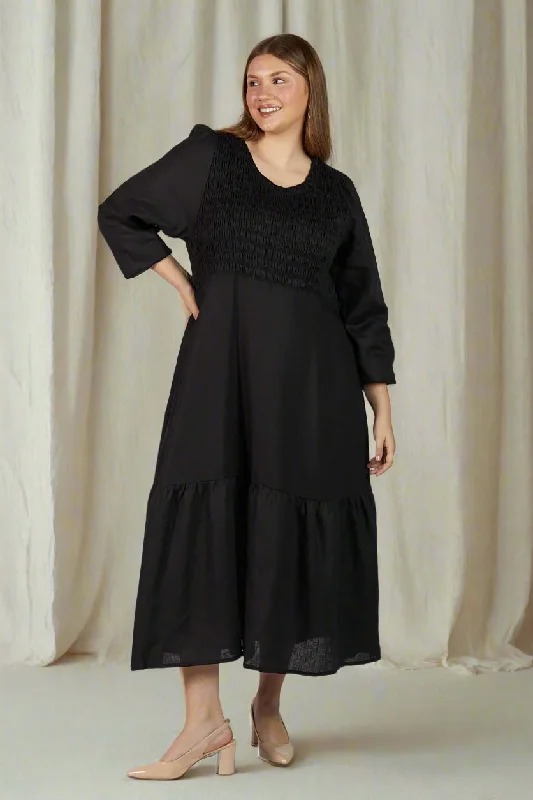 Formal Long Sleeves Cocktail GownMinden Linen Long Sleeve Shirred Dress in Black