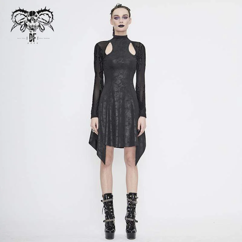 Flowing Long Sleeves Empire DressWomen's Gothic Asymmetrical Flared Long Sleeved Dresses with Tear-Drop Cut-out Details