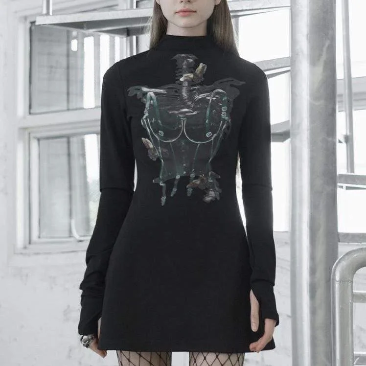 Flexible Long Sleeves Bridesmaid DressWomen's Stand Collar Long Sleeved X-ray Pattern Dresses