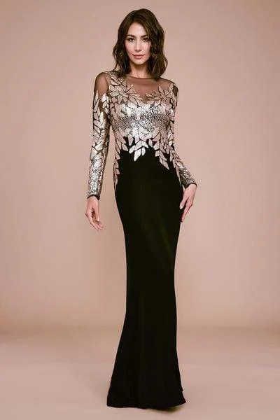 Formal Dress for Charity AwardsTadashi Shoji - Embellished Finley Long Sleeve Crepe Sequin Gown - Petite - 1 pc Champagne/Black In Size 14 Available