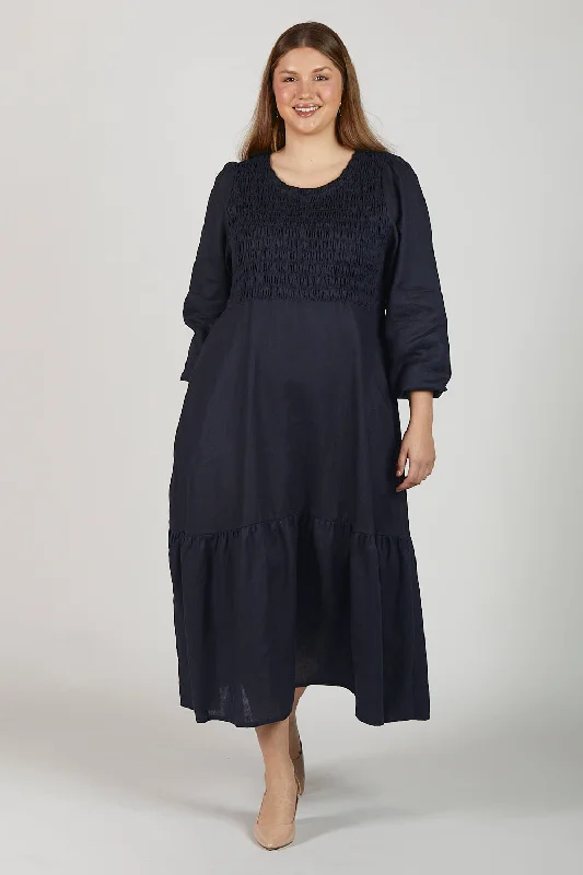 Flexible Long Sleeves Bridesmaid DressMinden Linen Long Sleeve Shirred Dress in Navy