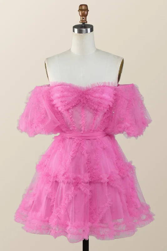 tulle party dressesOff the Shoulder Hot Pink Ruffles Short A-line Homecoming Dress