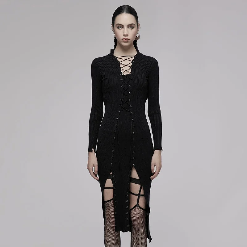 Flowing Long Sleeves Ruffle DressWomen's Grunge Lacing-up Long Sleeved Knitted Dress