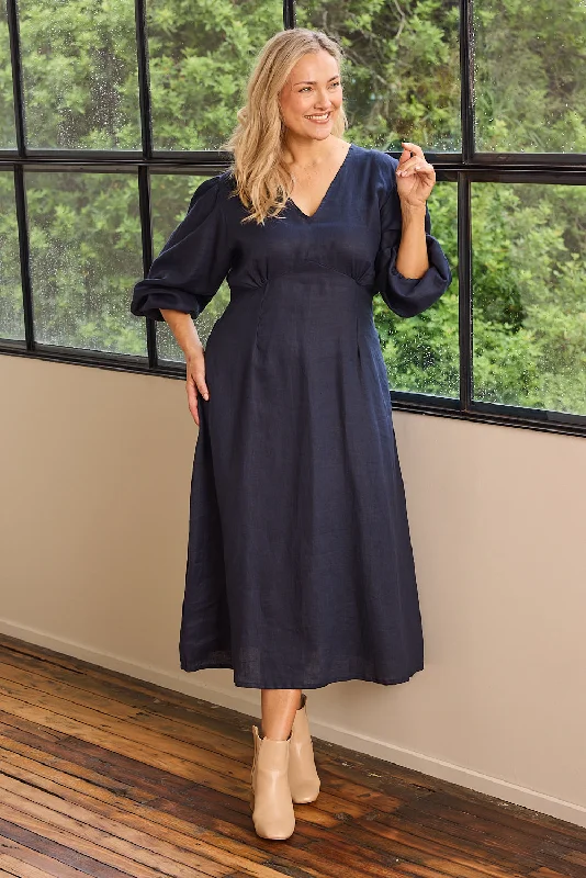 Fuzzy Long Sleeves Mother of the Bride DressFarrah Long Sleeve Linen Dress in Navy