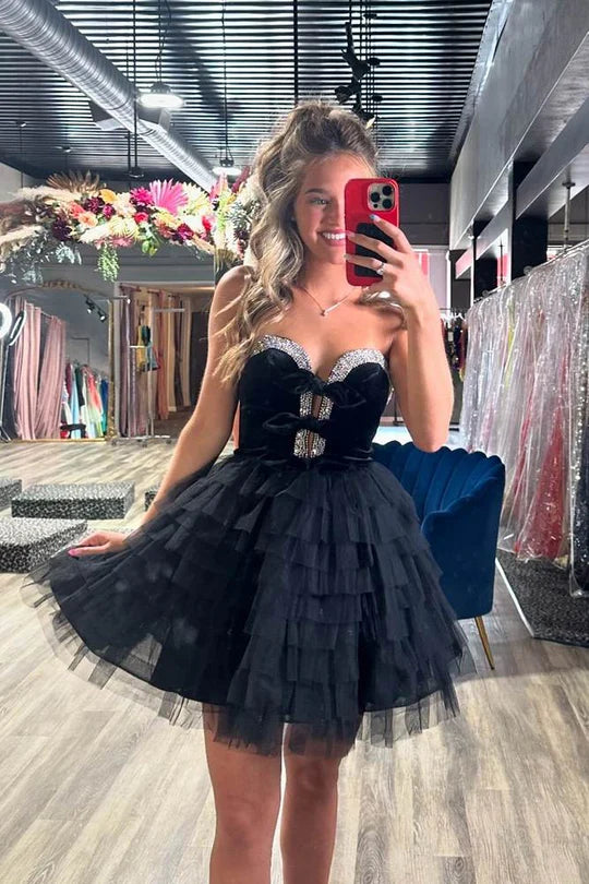 ruffle party dressesDingJiDress Homecoming Dress Strapless Velvet Beaded Multi-Layer Tulle Black