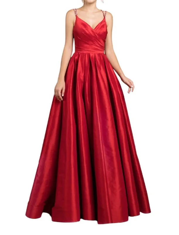 floral party dressesV-Neck Pleated A-Line Evening Gown In Red