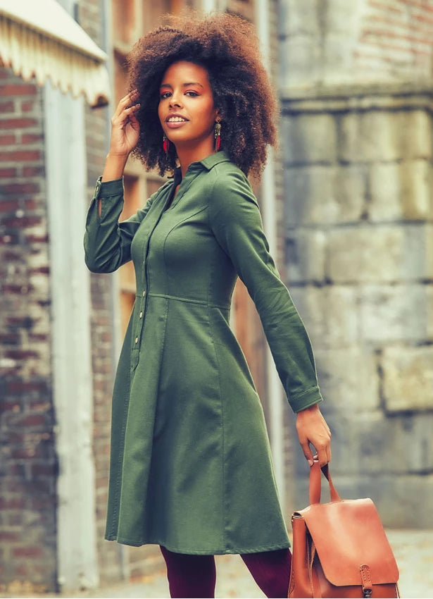 Funky Long Sleeves Jumpsuit DressShirt Collar Long Sleeve Cotton Fit Dress Green