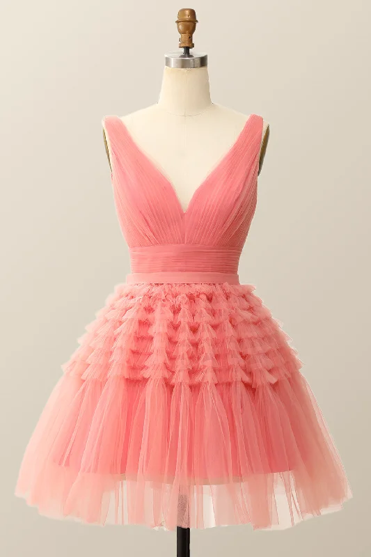 prom party dressesV Neck Coral Ruffle A-line Short Homecoming Dress