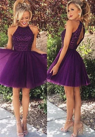 illusion-sleeve party dressesElegant Purple Beadings High Neck Homecoming Dress Short