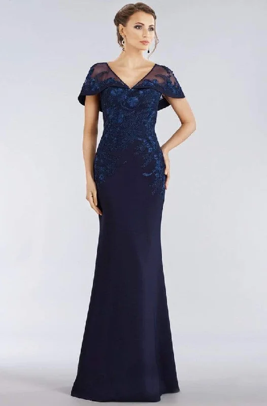 Formal Dress Shops in New YorkGia Franco - Floral Embroidered Cape Sleeve Mermaid Gown 12955 - 1 pc Navy In Size 10 Available