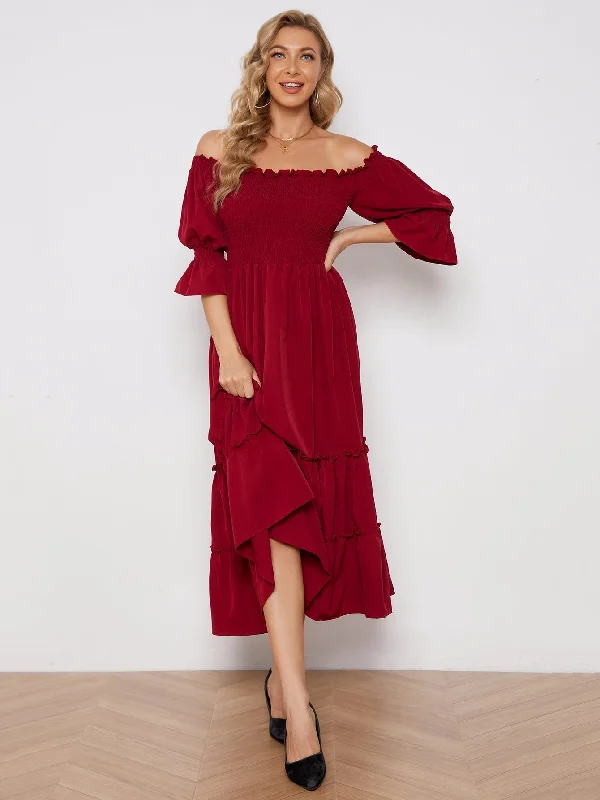 Funky Long Sleeves Cami DressKittenAlarm - Off Shoulder Solid Color Slit Pleated Long Sleeve Dress