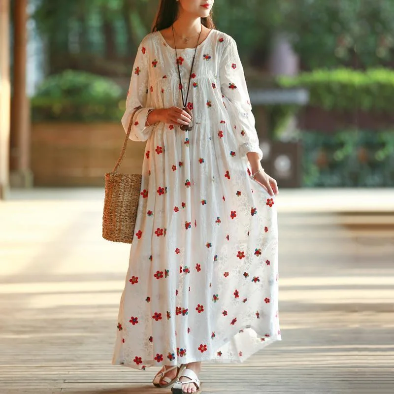 Fashionable Long Sleeves Off-the-Shoulder DressWomen A-Line Floral Gathered Cotton Long Sleeve Dress