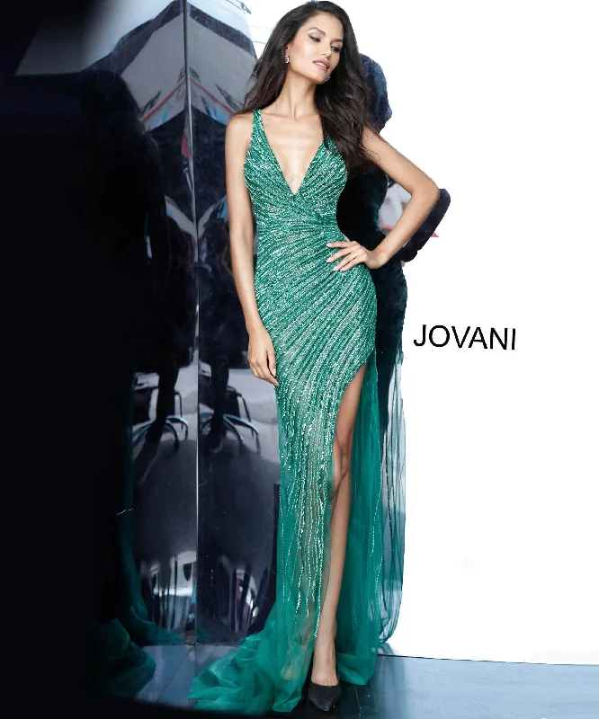 Affordable Formal Dress OptionsJovani - Asymmetrical Beaded Illusion High Slit Gown 63405SC