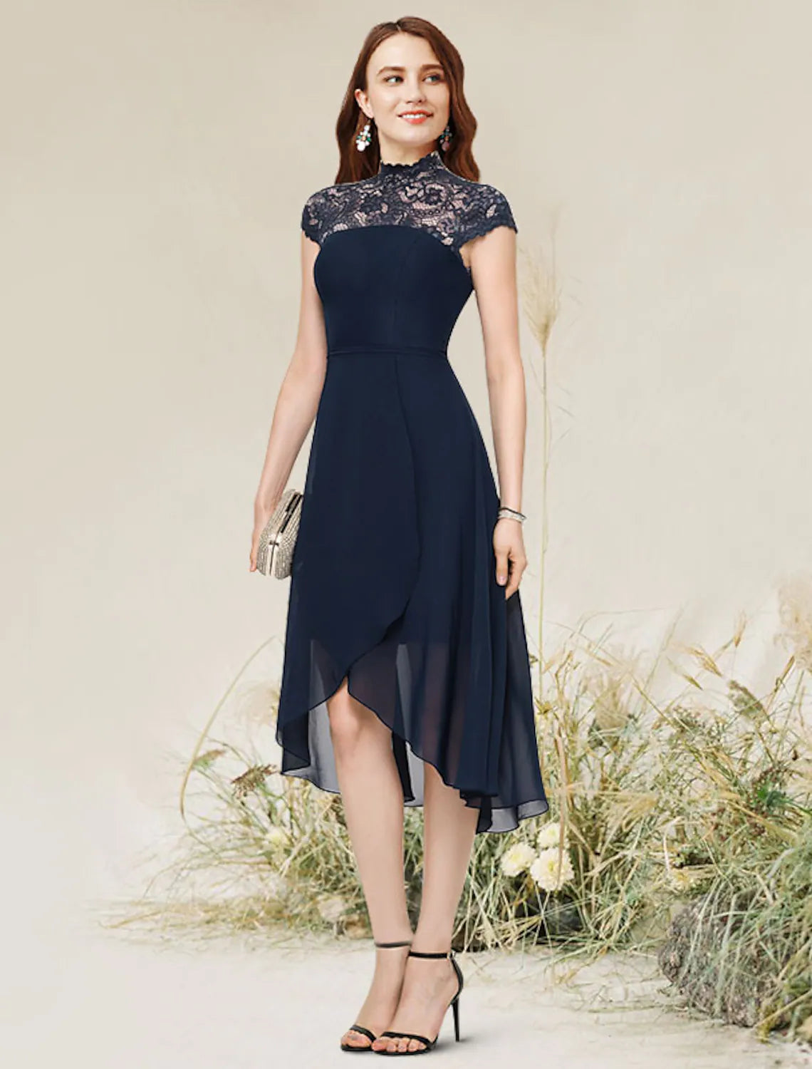 prom party dressesA-Line Cocktail Dresses Homecoming Asymmetrical Sleeveless Neck Chiffon with Lace