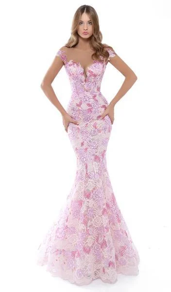 Formal Dress for Indoor WeddingsTarik Ediz - Floral Lace Cap Sleeve Mermaid Gown With Train 50493 - 1 pc Yellow In Size 6 Available