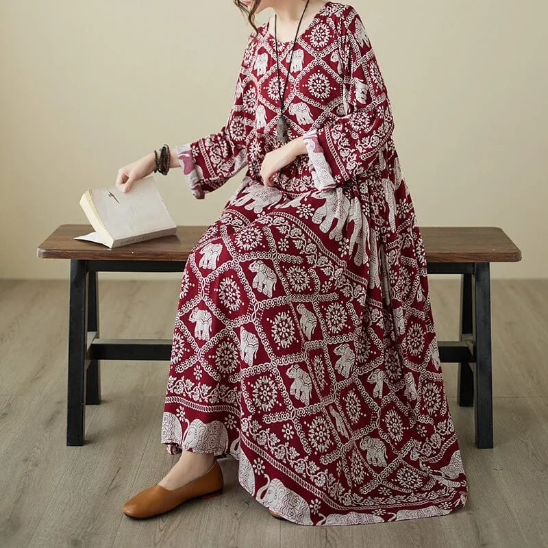 Full-Body Long Sleeves Jumpsuit DressAutumn Retro Print Long Sleeve Loose Dress