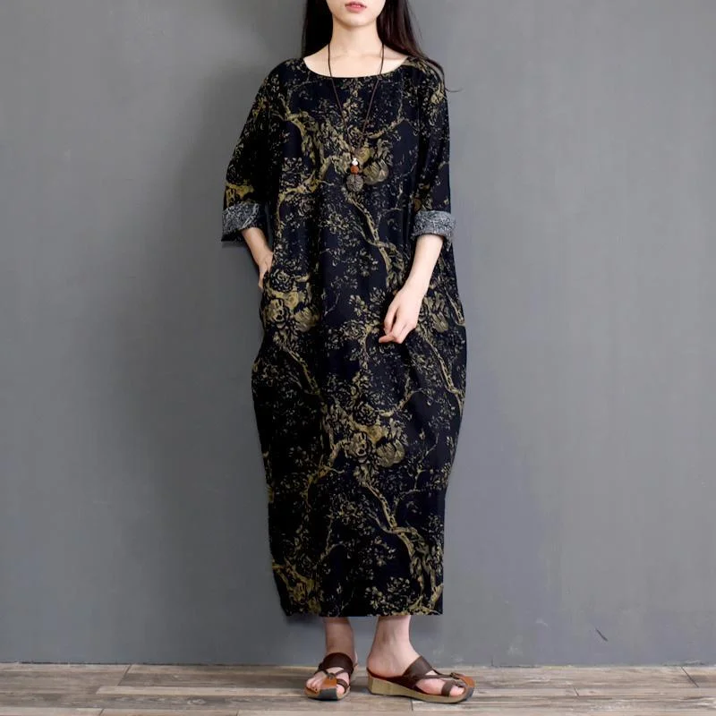 Flowery Long Sleeves Smock DressBabakud Retro Linen Printed Loose Long Sleeve Dress