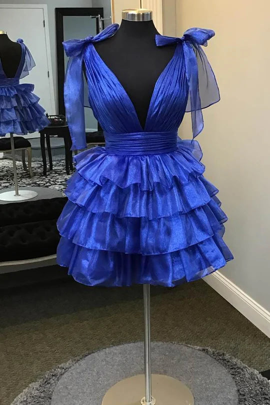 flutter-sleeve party dressesDingJiDress Fashionable and Beautiful Homecoming Dress Royal Blue V-Neck Ruffle with Bow