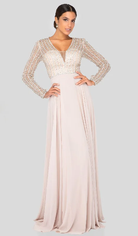 Formal Dress Trends 2023Terani Couture - 1911M9326 Bead-Striped Sheer Long Sleeve Chiffon Gown