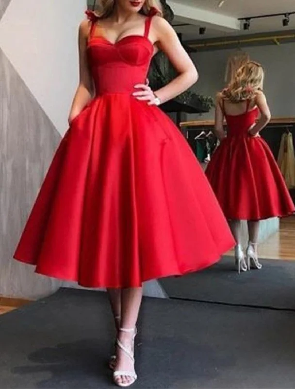 body-skimming party dressesA-Line Homecoming Dresses Elegant Dress Holiday Graduation Tea Length Sleeveless Spaghetti Strap Pink Dress Satin with Pleats