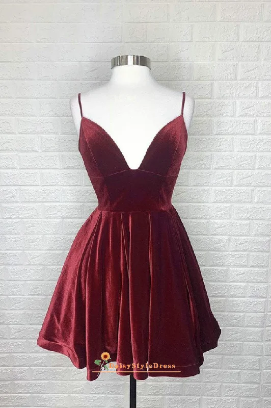 flowy party dressesBurgundy Velvet Short Homecoming Dress