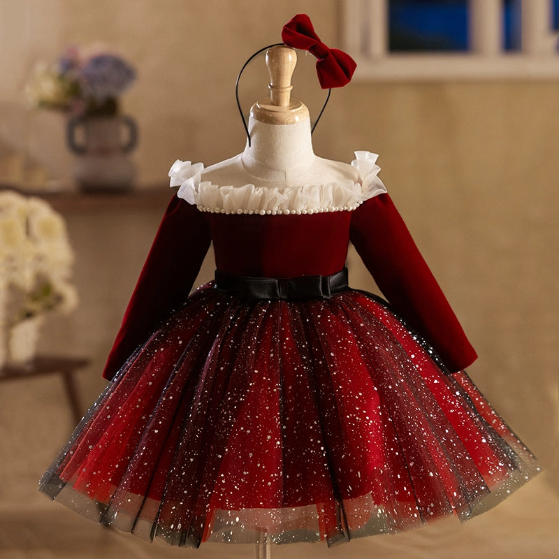 Flowery Long Sleeves DressChildren's Long Sleeve Birthday Dress Red Princess Dress