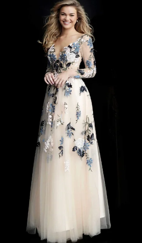 Formal Dress for Academic AwardsJovani - Long Sleeve Floral Embroidered Tulle Gown 65359 - 1 pc Nude/Multi In Size 18 Available