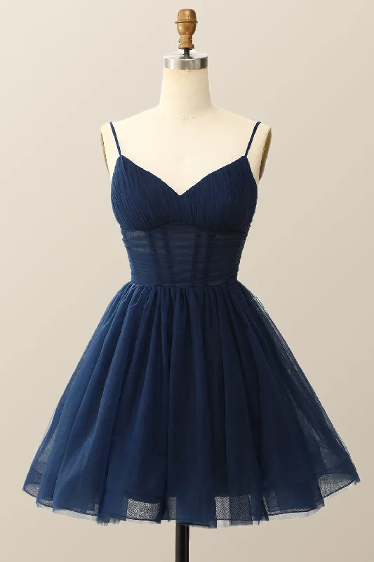 polyester party dressesStraps Navy Blue Pleated A-line Homecoming Dress