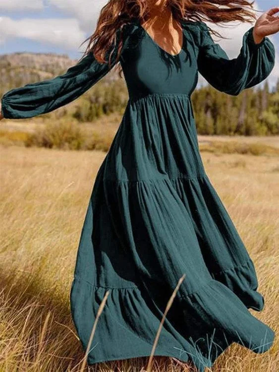 Flexible Long Sleeves Tunic DressTemperament V-Neck Long Sleeve Flowy Dress