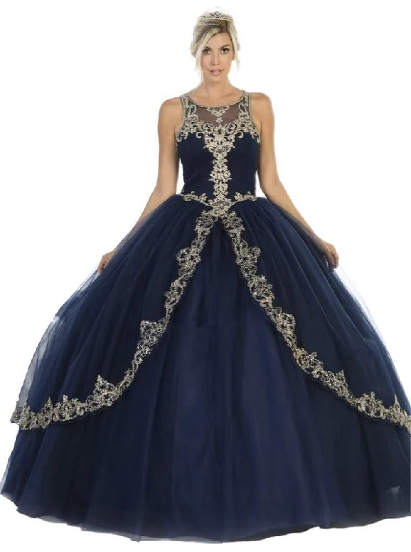 Formal Dress for Horse RacesMay Queen - Scoop Appliqued Pleated Ballgown LK117 - 1 pc Navy/Gold In Size 18 Available