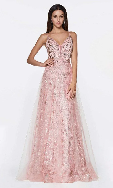 Formal Dress for Formal DancesCinderella Divine - Embroidered Plunging Neck Glitter Gown KC888