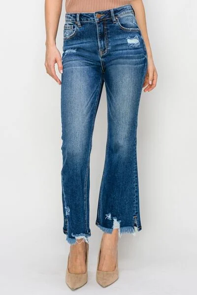 women's denim jeans with leather patchesRISEN High Waist Raw Hem Flare Jeans