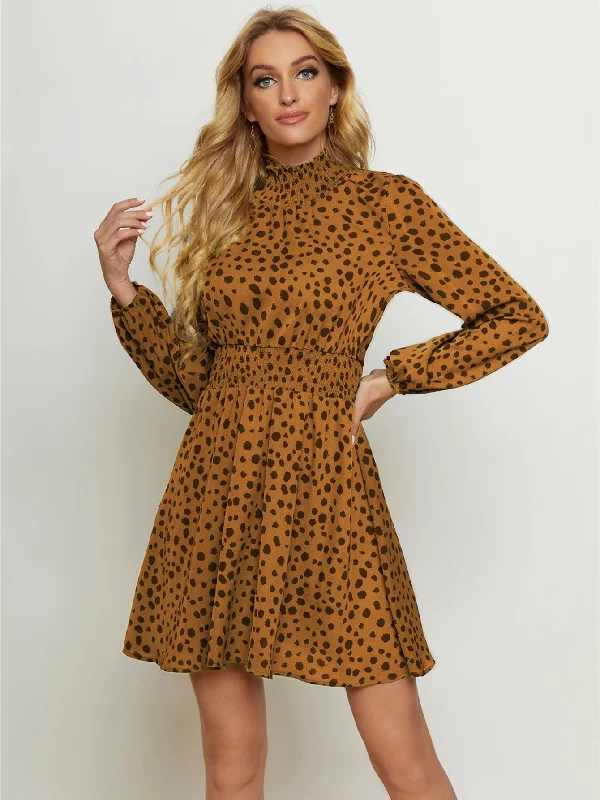 Full-Body Long Sleeves DressKittenAlarm - High Neck Elastic Waist Dot Print Long Sleeve Dress