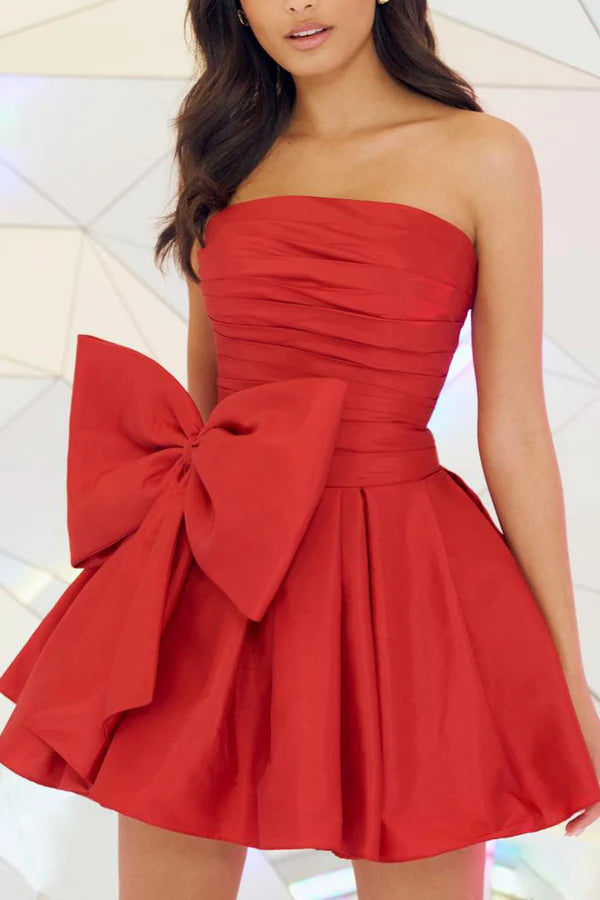 silk party dressesA line bra cute bow red short homecoming dress