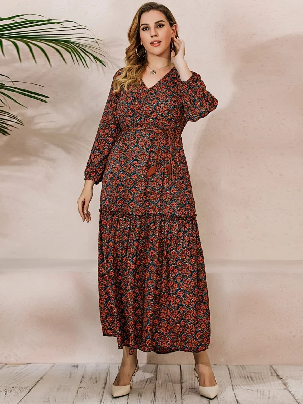 Funky Long Sleeves Jumpsuit DressKittenAlarm - French Elegant Large Size Oversize Red Printed Long Sleeve V-Neck Dress