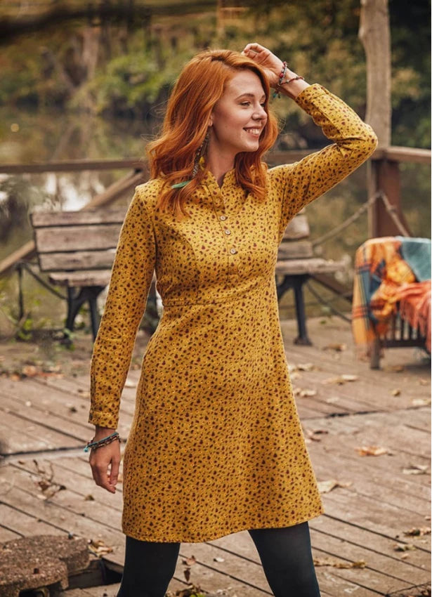 Flexible Long Sleeves Tunic DressLong Sleeve Mustard Floral Dress