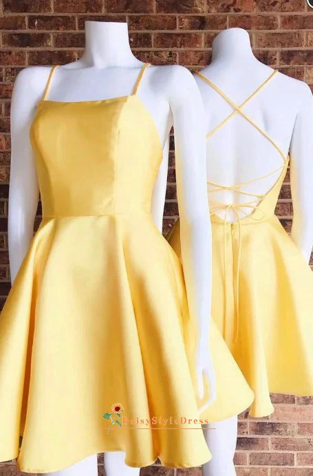 stretchy party dressesFashion Square Neckline Criss Cross Back Yellow Homecoming Dress