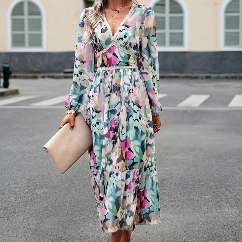 Flowery Long Sleeves DressJuliaFashion-Casual Vintage Print Long Sleeve Boho Dress