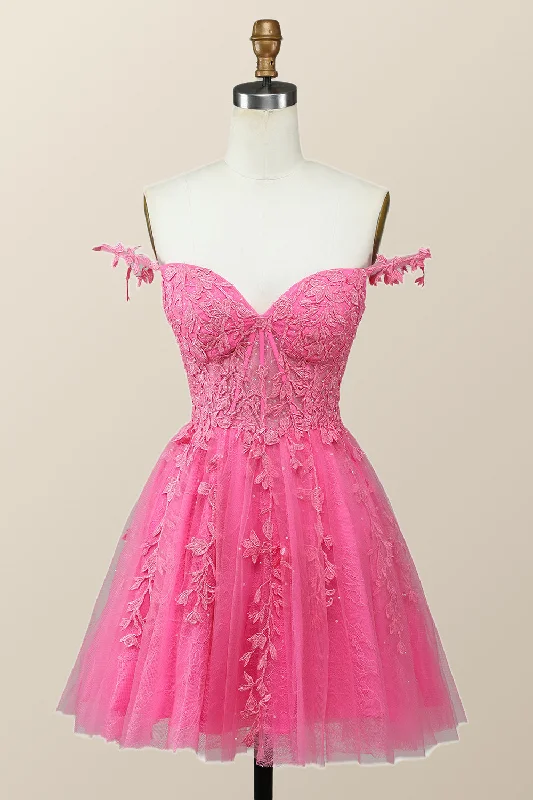 clubwear party dressesOff the Shoulder Hot Pink Lace Short Homecoming Dress