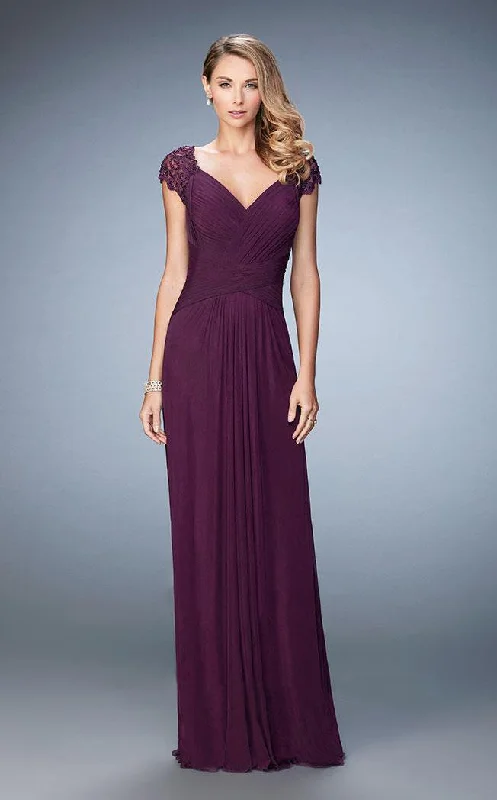 Formal Dress for Corporate AwardsLa Femme Lace Cap Sleeve Weaved Cutout Back Jersey Gown 23084SC