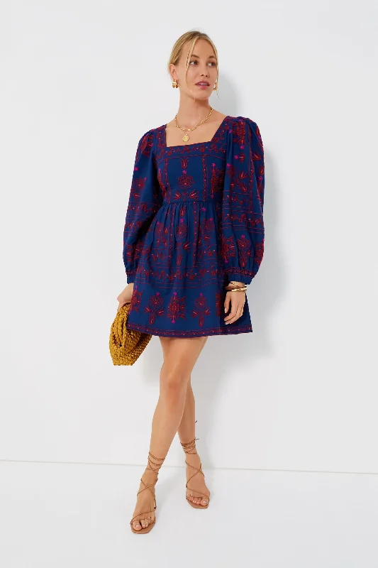 Feminine Long Sleeves DressNavy Petunia Embroidery Long Sleeve Square Neck Dress